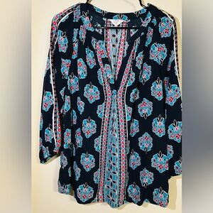 Crown & Ivy Navy & Teal Patterned Blouse